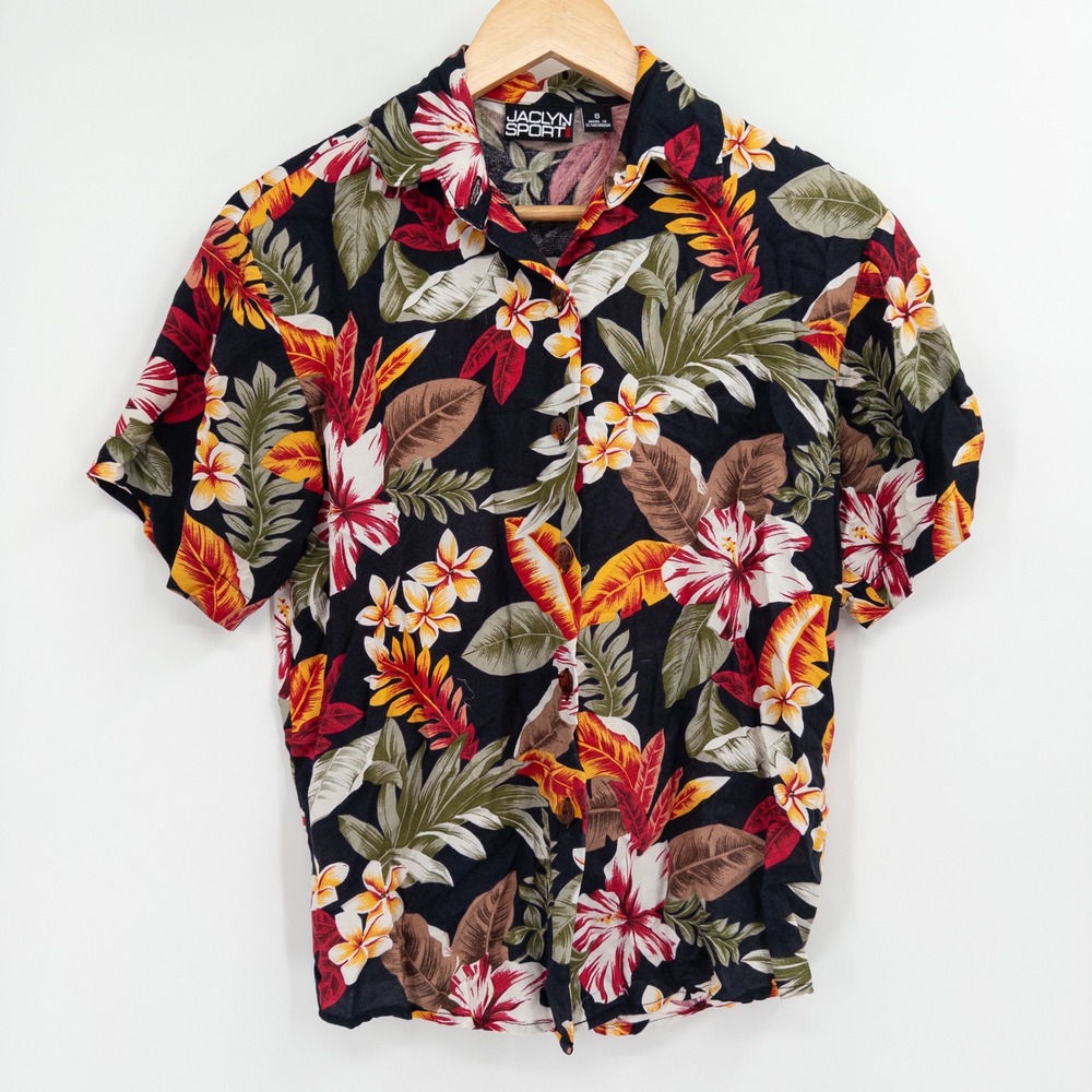 Vintage Tropical Floral Shirt Women 8 Black Red 90s Hawaiian Boho Vacation Campp